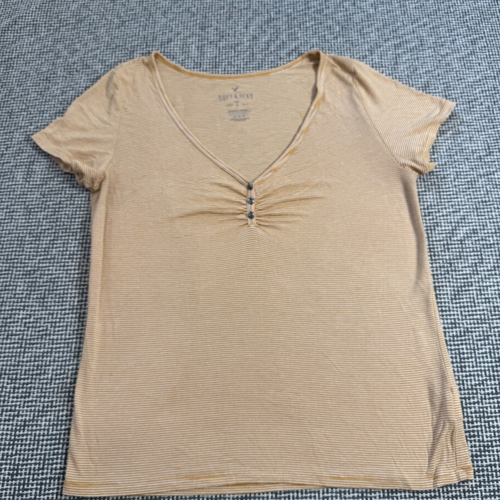 American Eagle Soft & Sexy Striped V-Neck Tee Mustard Yellow White Medium